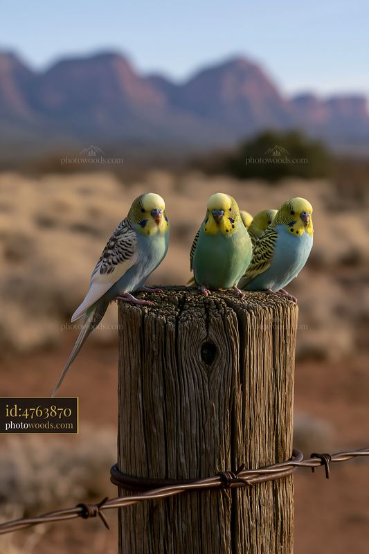 Flock of budgerigars on a post in a desert landscape