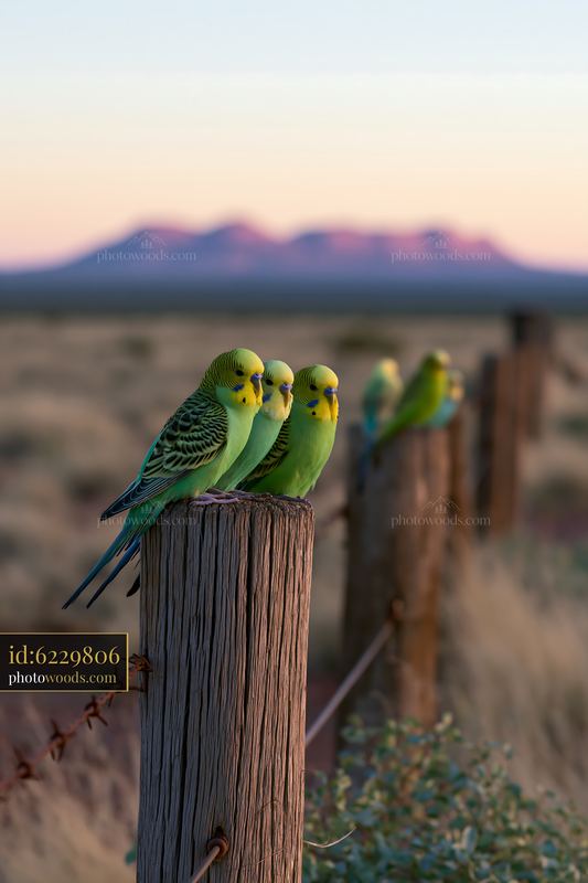 Flock of budgerigars perched on a fence post in desert landscape