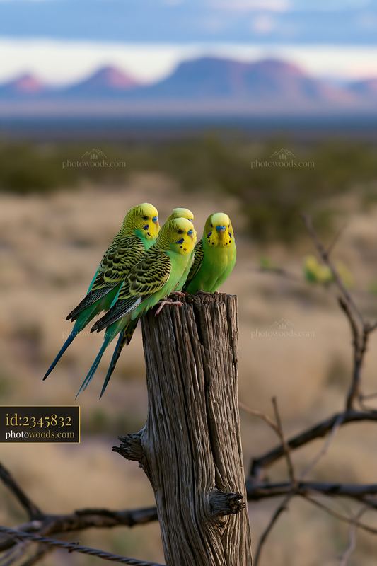 Three budgerigars perched on a weathered post in desert landscape