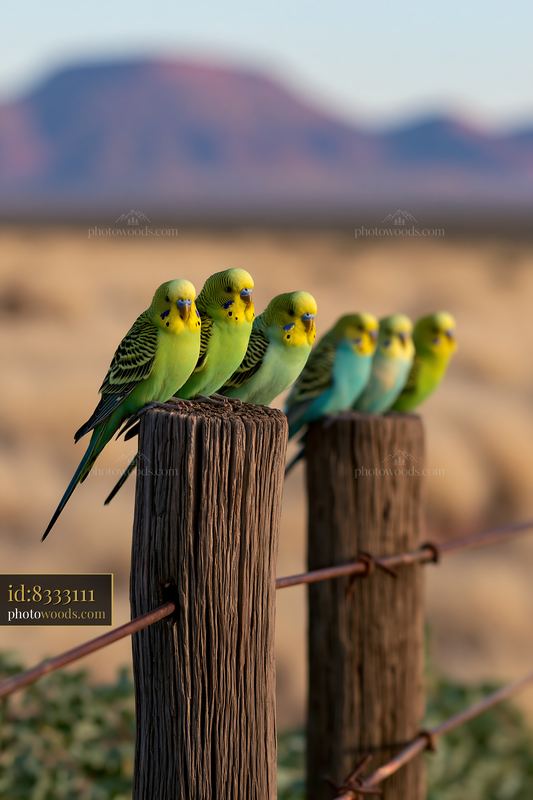 Budgerigars Perched on Wooden Fence Post in Sunny Landscape