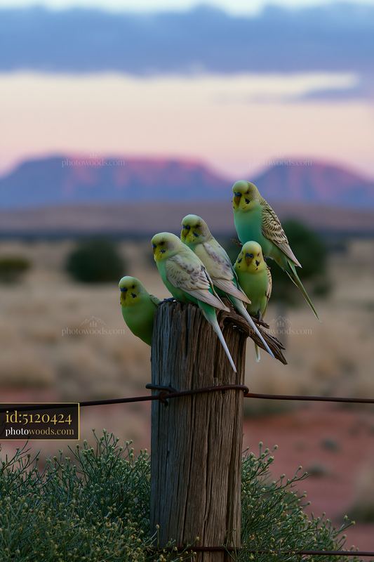 Budgerigars perched on a wooden post in a rural landscape