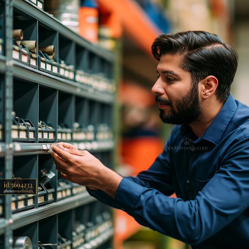 Businessman checking labeled inventory on warehouse shelving
