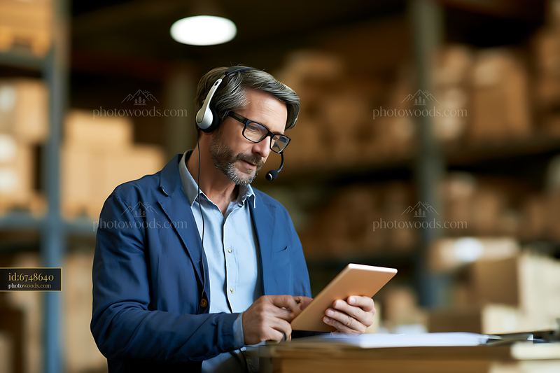 Businessman wearing headset and using tablet at desk