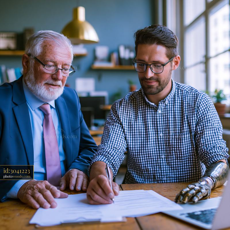 Businessman With a Prosthetic Arm Reviewing Documents in an Office