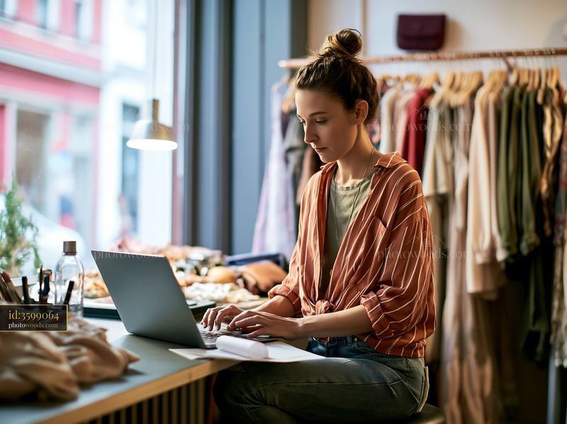Businesswoman working on a laptop in a clothing boutique