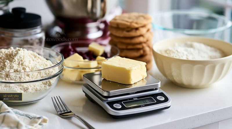Baking ingredients on kitchen counter with scale and cookies