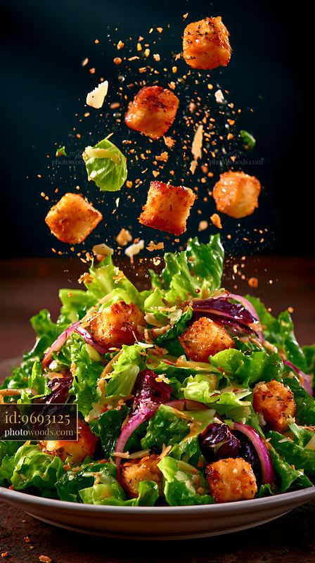 Caesar Salad With Croutons and Parmesan in Mid-Air