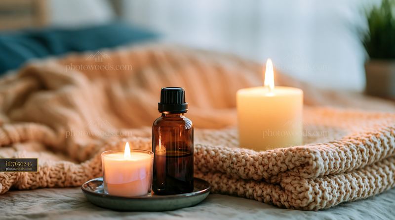 Candle and essential oil bottle without branding on cozy bed