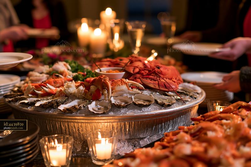Candlelit chilled seafood buffet with lobster, crab, and oysters