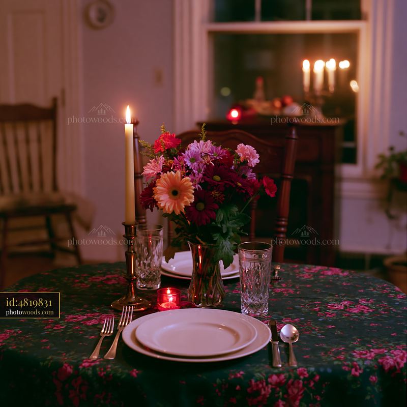 Festive dining table with flowers and candlelit empty chair