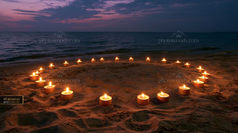 Candles arranged in a circle on a beach at dusk