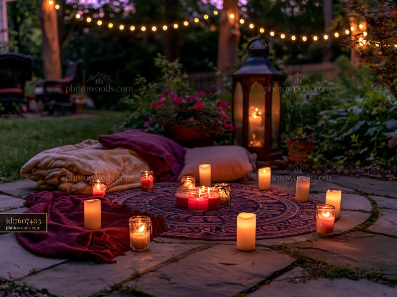 Candles arranged in a circle on a garden patio at dusk