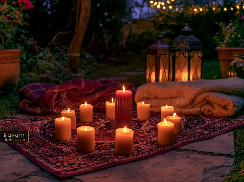 Candles arranged in a circle on a rug in a garden setting