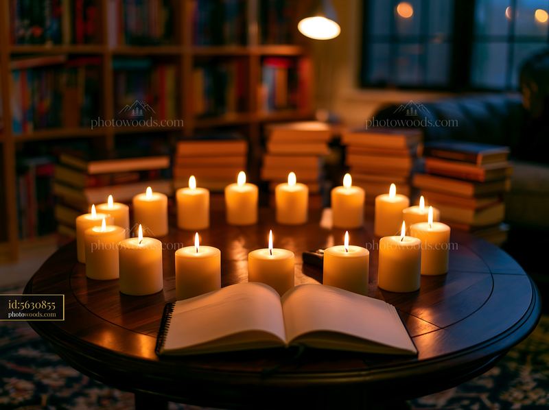 Candles arranged in a circle on a wooden table with books nearby