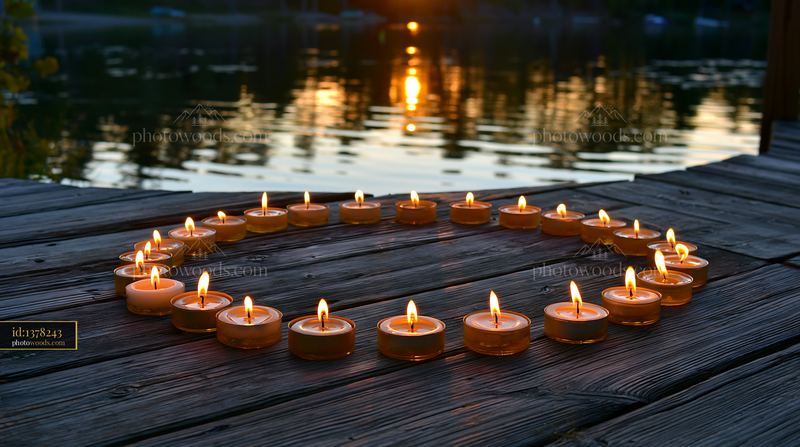 Candles arranged in a circle by a lake at sunset