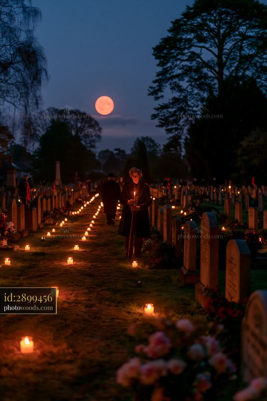 Headstones of fallen soldiers under moonlight with candles