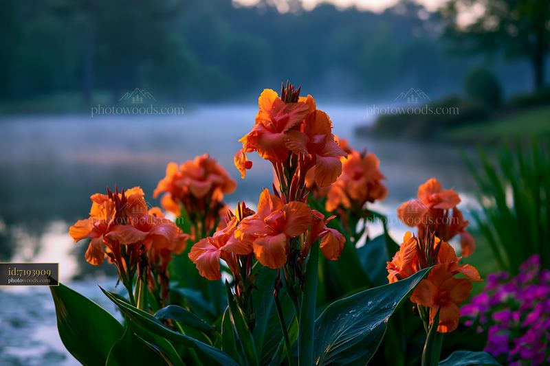 Canna lily flowers bloom by pond during early morning light