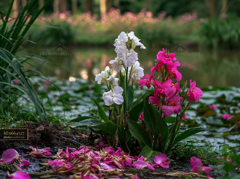 Colorful canna lily flowers by pond with petals scattered