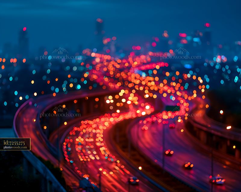Traffic trails at night with city skyline in the background