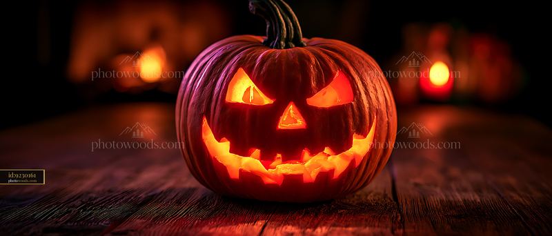 Carved Jack O Lantern Glowing in Dark Setting With Candles Nearby