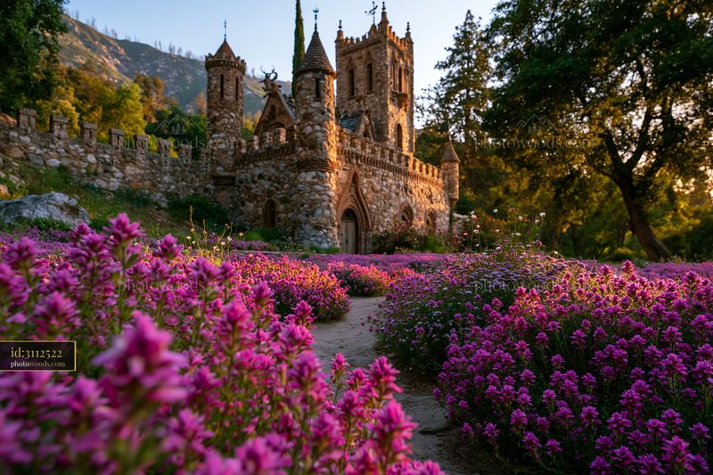 Castle Surrounded by Blooming Purple Flowers at Sunset