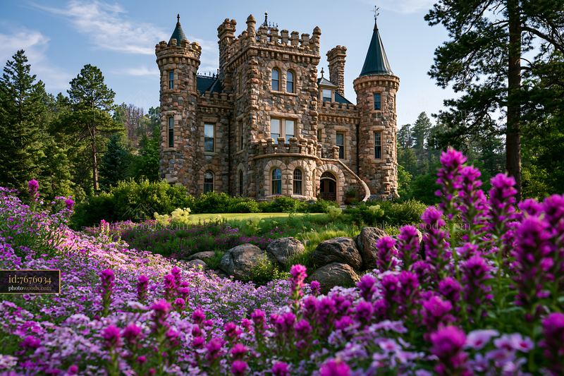 Castle Surrounded by Purple Flowers in a Garden