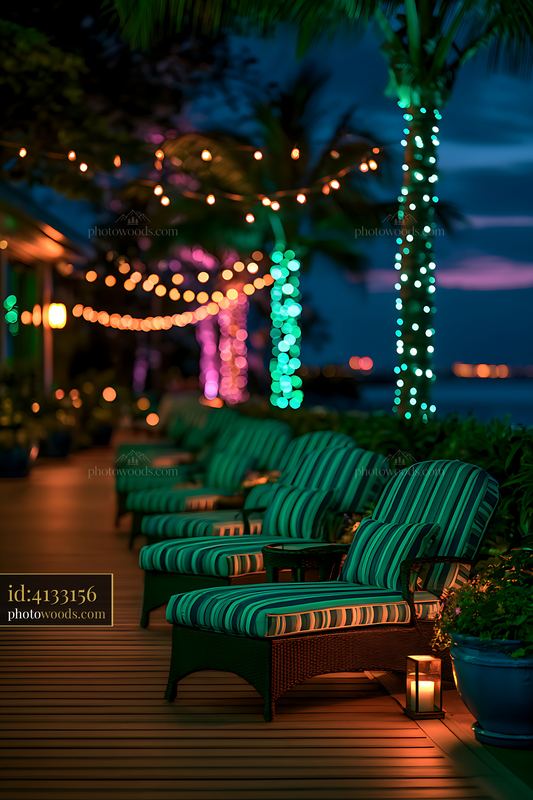 Chairs lined up along a deck with colorful lights at dusk