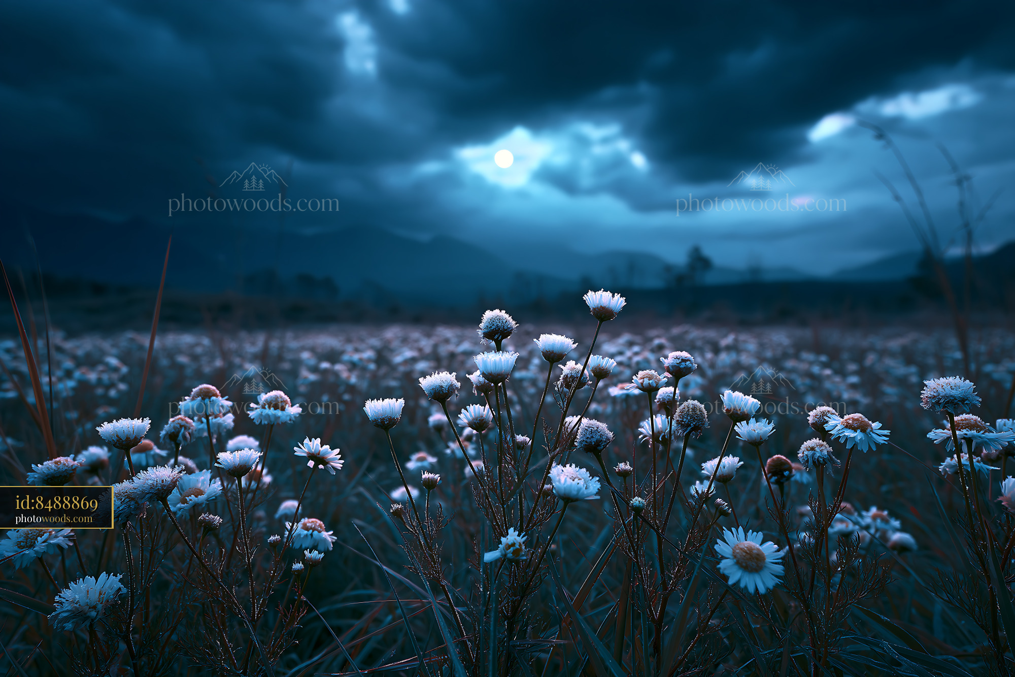 Chamomile Flowers Blooming in Meadow Under Cloudy Sky