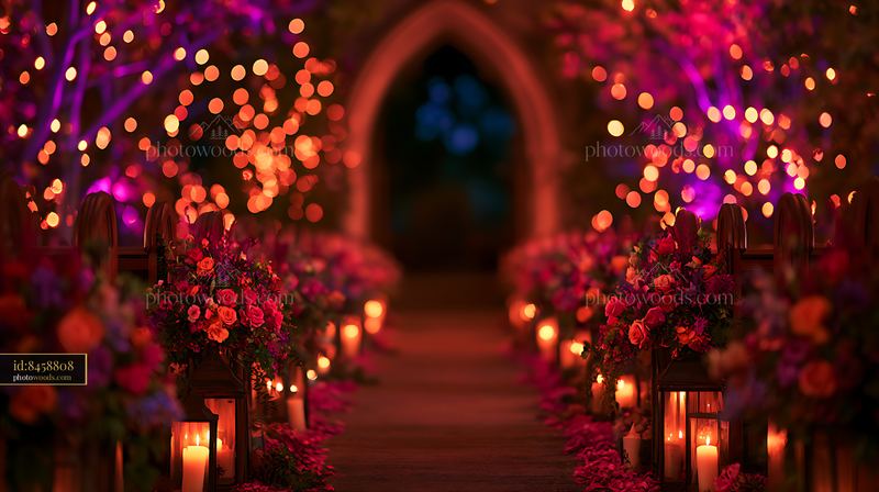 Chapel Aisle Lined With Flowers and Candles in Soft Light