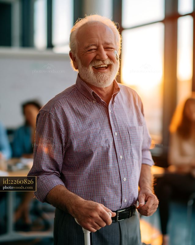 Cheerful Older Man With a White Cane in Office During Sunset