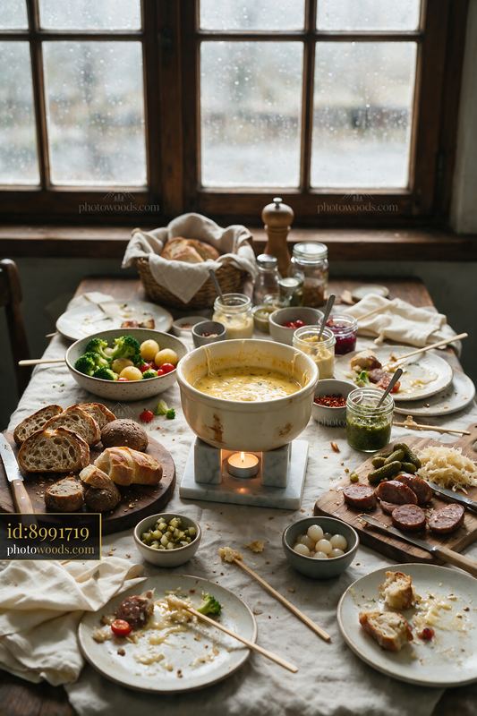 Cheese fondue buffet with bread, vegetables, and sausages