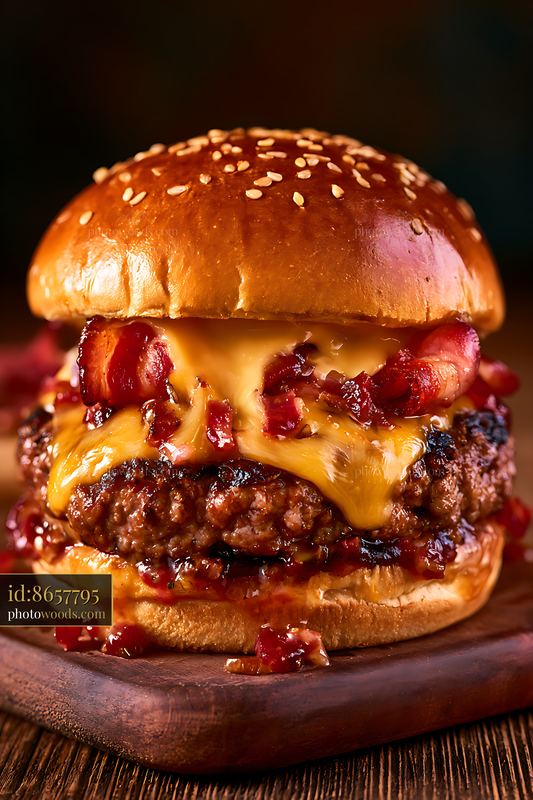 Cheeseburger With Bacon and Melted Cheese on a Wooden Board