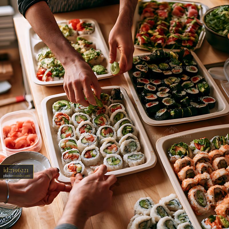 Chef arranging sushi platter for catering
