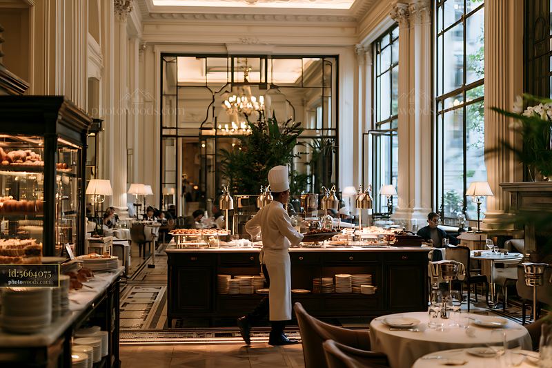 Elegant hotel buffet dining room with chef and plated dishes
