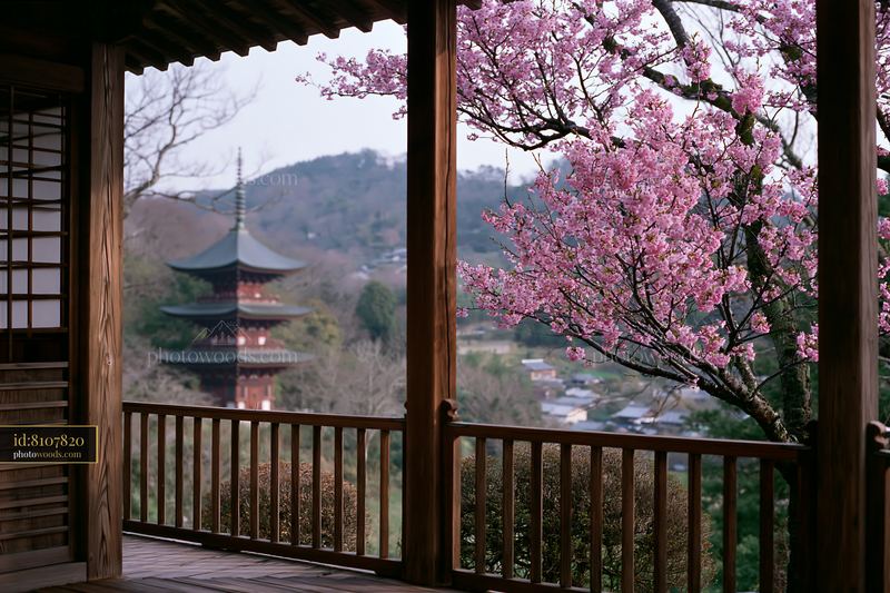 Cherry blossom branches against a Japanese pagoda in spring