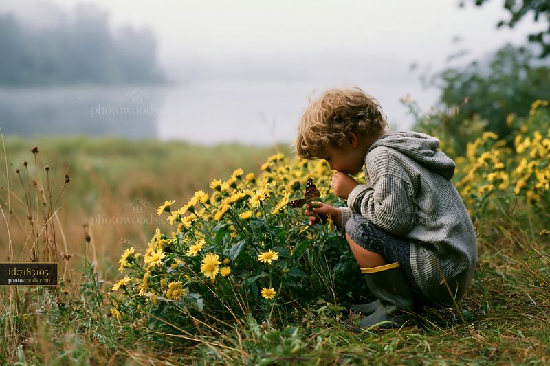 Child Exploring Yellow Wildflowers by a Misty Shoreline