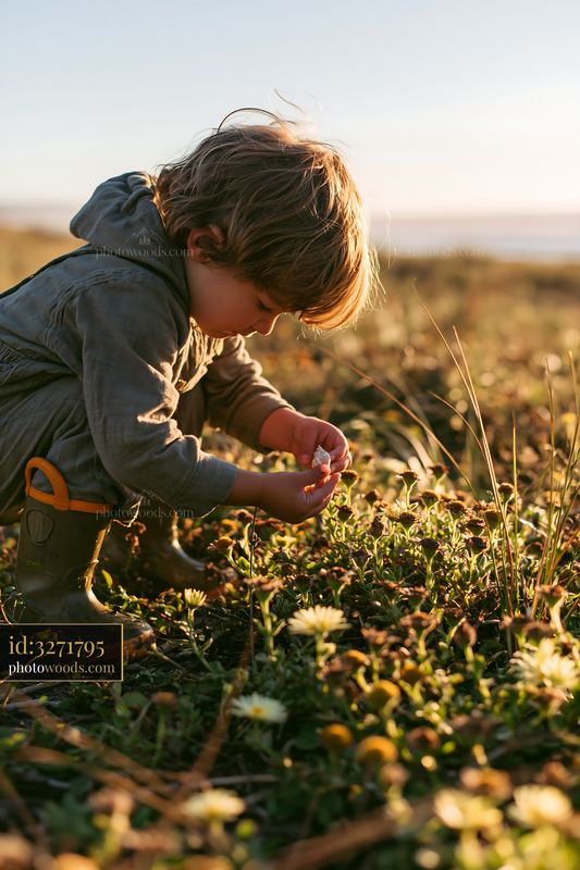 Child examining flowers in a sunlit coastal meadow