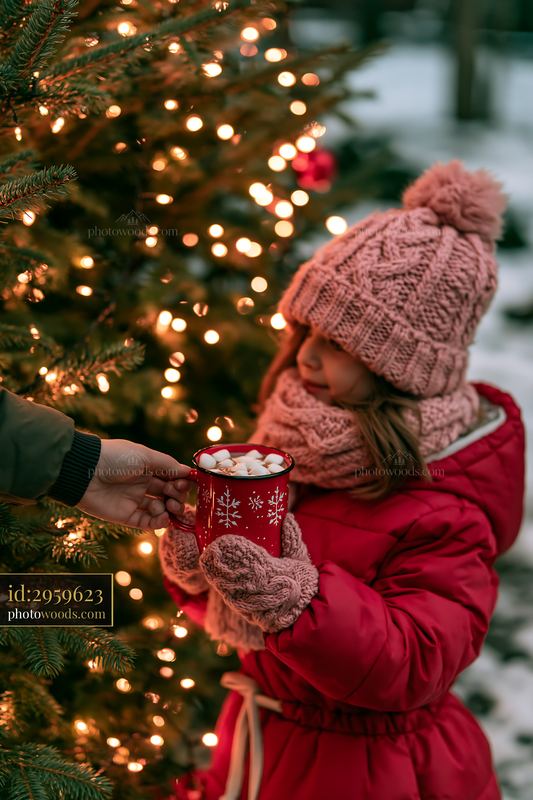 Child Holding Warm Cocoa by a Lit Christmas Tree