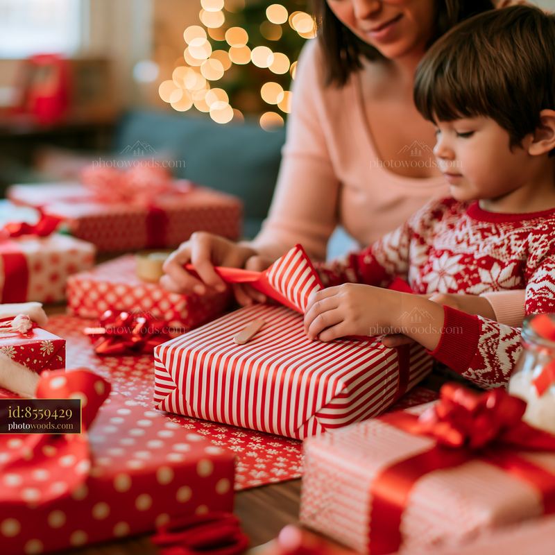 Parent helping child wrap a striped Christmas gift