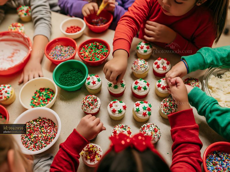 Children decorating cupcakes with Christmas sprinkles