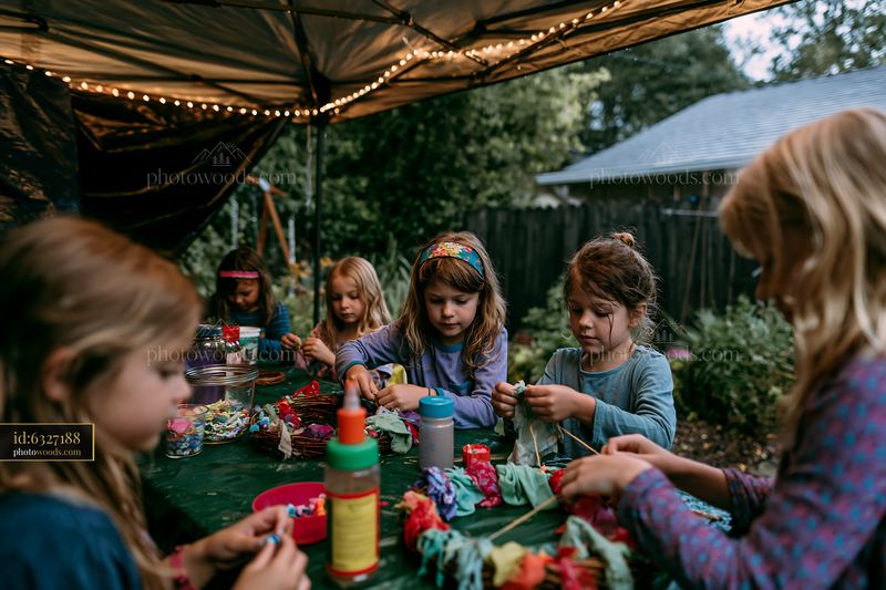 Children making handmade ornaments at an outdoor craft table
