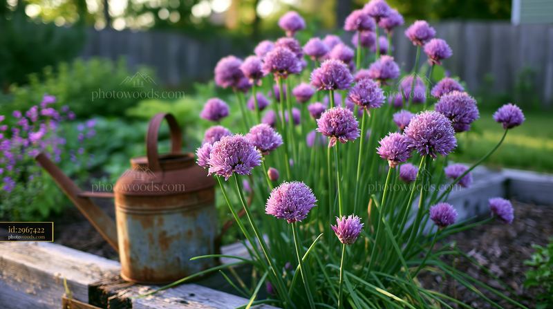 Bright chive flowers growing in a herb bed with a watering can