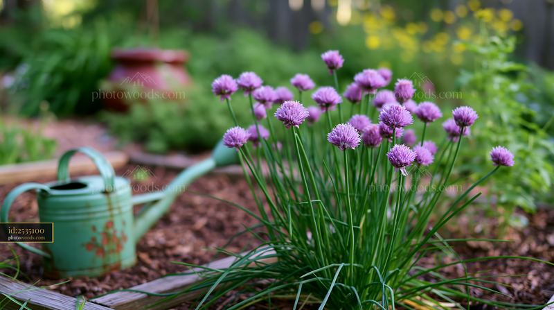 Chive flowers blooming in herb bed with watering can nearby