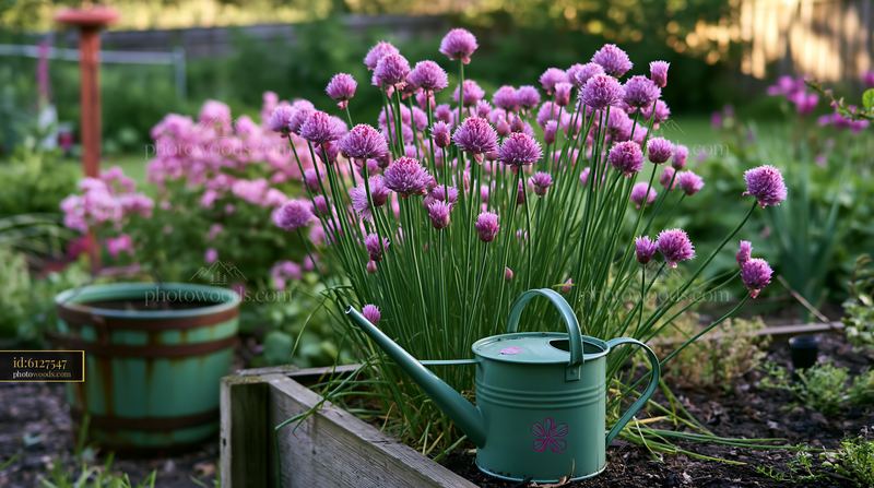 Chive flowers bloom in herb bed with watering can nearby