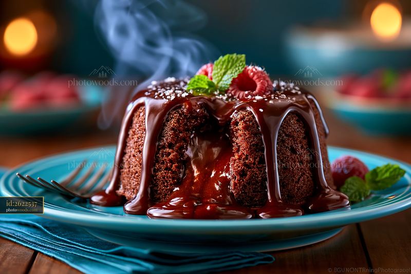 Chocolate Lava Cake Served With Raspberries and Mint Leaves
