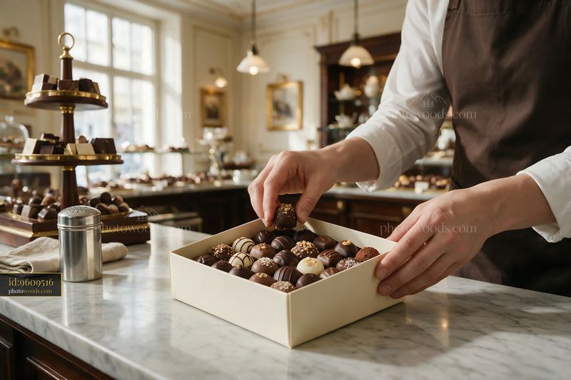 Chocolatier arranging assorted chocolates in a shop interior