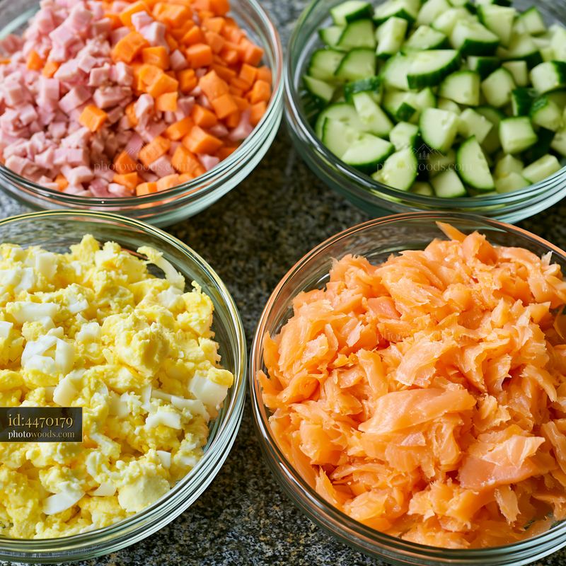 Sushi ingredients arranged on counter with chopped vegetables and fish