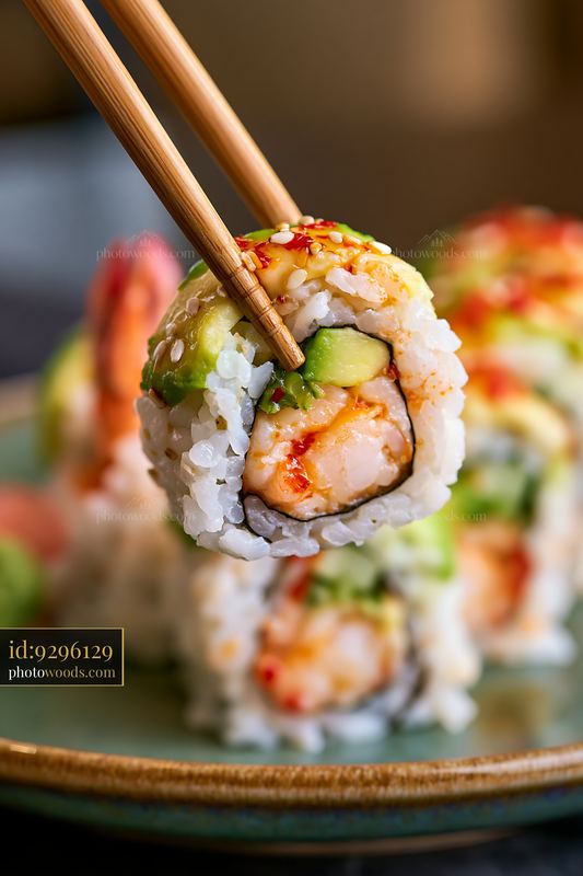 Close-up of dragon roll with shrimp and avocado in chopsticks