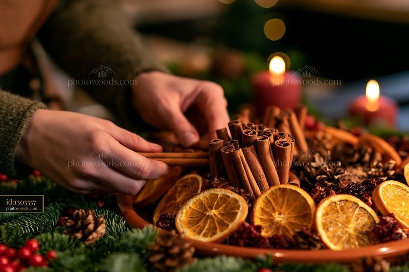 Cinnamon sticks and dried orange slices in coffee shop display