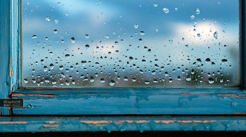Close-up droplets on rustic glass pane with blue frame